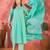 Women's sky blue & whitev-neck embroidered printed kurta with trousers & dupatta