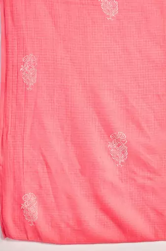 Women's peach & white v-neck embroidered printed kurta with trousers & dupatta