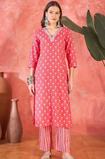 Women's peach & white v-neck embroidered printed kurta with trousers & dupatta