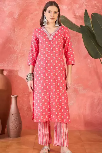 Women's peach & white v-neck embroidered printed kurta with trousers & dupatta