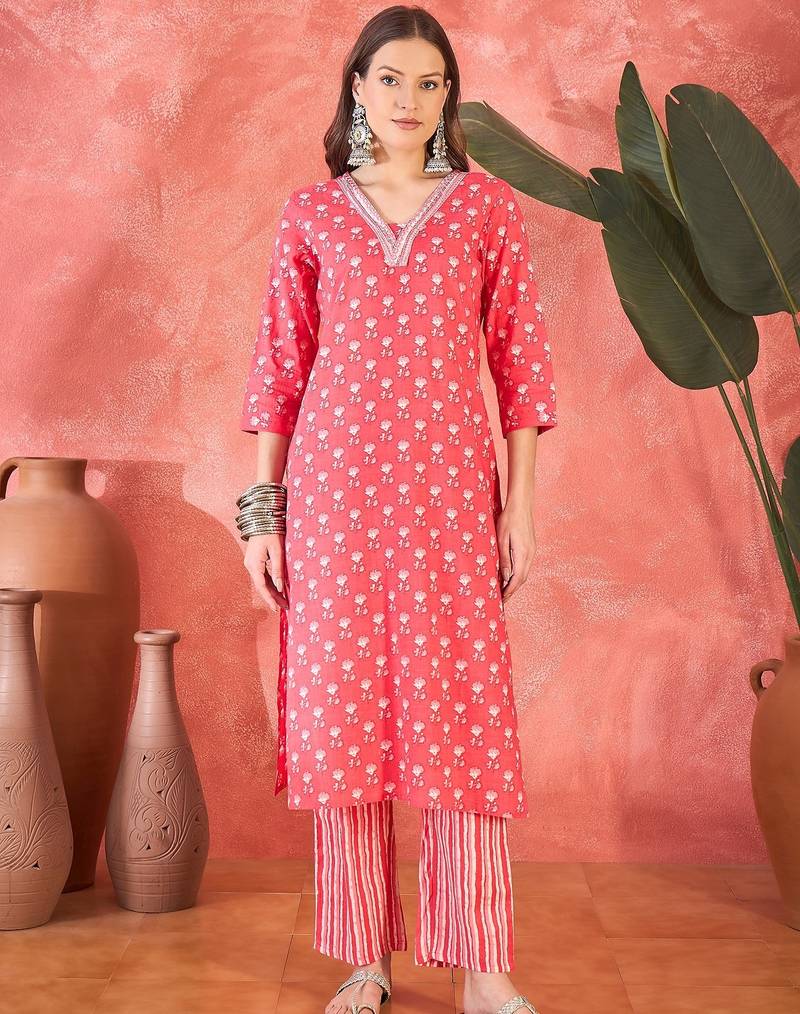 Women's peach & white v-neck embroidered printed kurta with trousers & dupatta