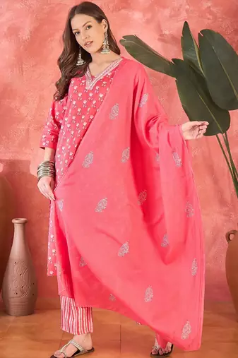 Women's peach & white v-neck embroidered printed kurta with trousers & dupatta