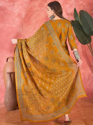 Women's mustard & brown ethnic motifs printed kurta with trousers & dupatta 3