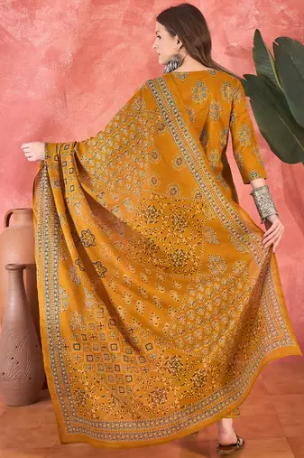 Women's mustard & brown ethnic motifs printed kurta with trousers & dupatta