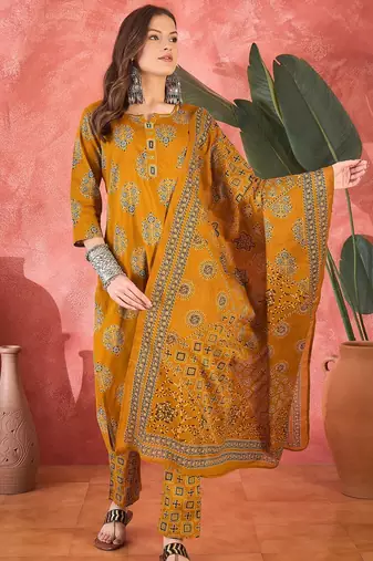 Women's mustard & brown ethnic motifs printed kurta with trousers & dupatta