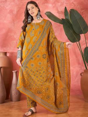 Women's mustard & brown ethnic motifs printed kurta with trousers & dupatta 1