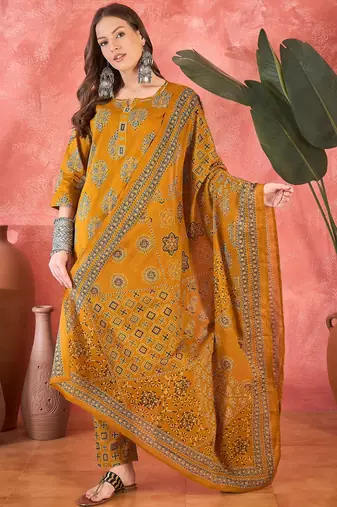 Women's mustard & brown ethnic motifs printed kurta with trousers & dupatta