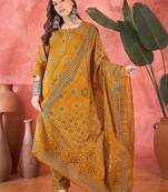 Women's mustard & brown ethnic motifs printed kurta with trousers & dupatta