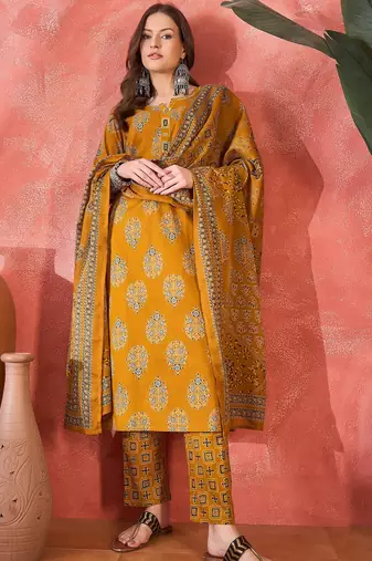 Women's mustard & brown ethnic motifs printed kurta with trousers & dupatta