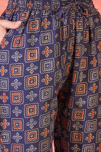 Women's navy blue & orange ethnic motifs printed kurta with trousers & dupatta