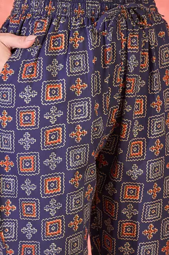 Women's navy blue & orange ethnic motifs printed kurta with trousers & dupatta
