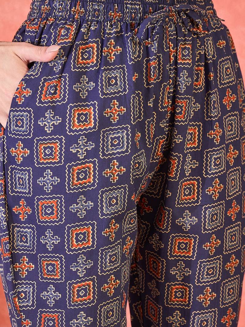 Women's navy blue & orange ethnic motifs printed kurta with trousers & dupatta