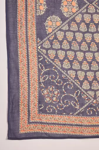 Women's navy blue & orange ethnic motifs printed kurta with trousers & dupatta