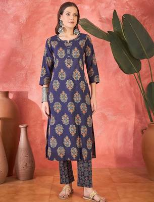 Women's navy blue & orange ethnic motifs printed kurta with trousers & dupatta 1