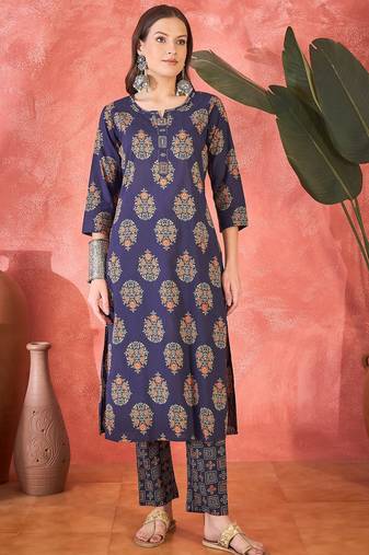 Women's navy blue & orange ethnic motifs printed kurta with trousers & dupatta