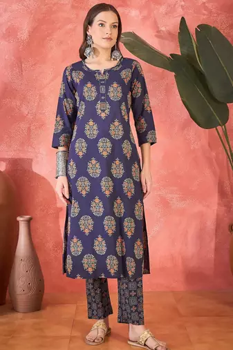 Women's navy blue & orange ethnic motifs printed kurta with trousers & dupatta