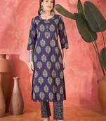 Women's navy blue & orange ethnic motifs printed kurta with trousers & dupatta