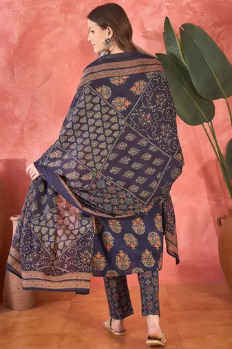 Women's navy blue & orange ethnic motifs printed kurta with trousers & dupatta