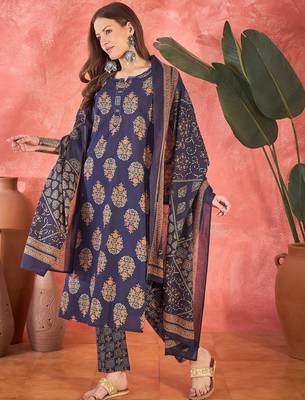 Women's navy blue & orange ethnic motifs printed kurta with trousers & dupatta 5