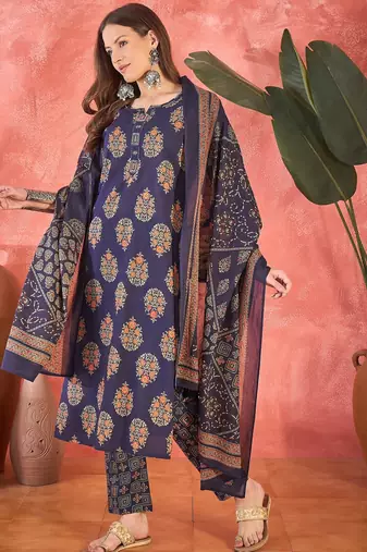 Women's navy blue & orange ethnic motifs printed kurta with trousers & dupatta