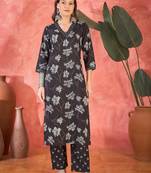 Women's black & white floral printed kurta with trousers & dupatta