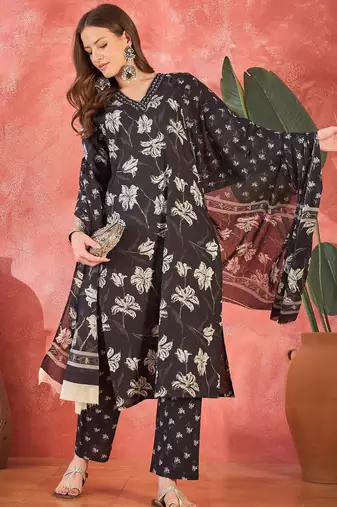 Women's black & white floral printed kurta with trousers & dupatta