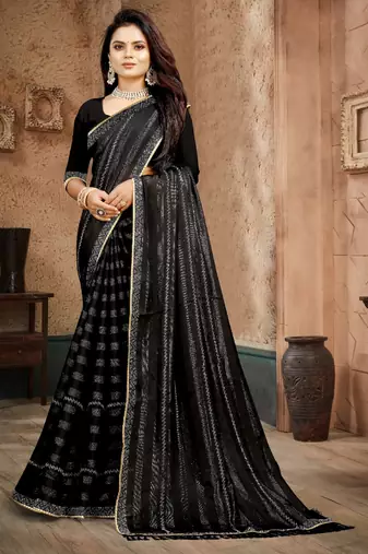 Black color siroski stone work rimzhim patta saree with  blouse