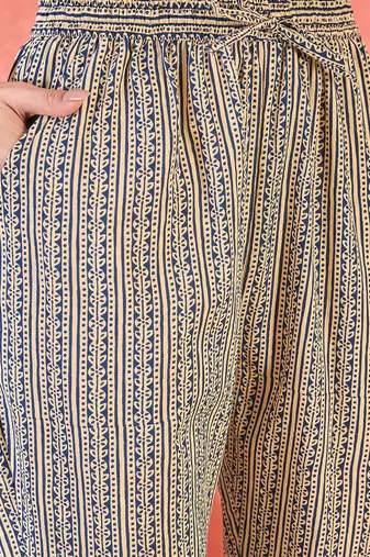 Women's dark blue & beige paisley printed kurta with trousers & dupatta