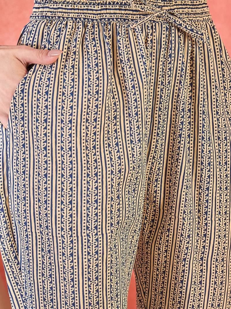 Women's dark blue & beige paisley printed kurta with trousers & dupatta