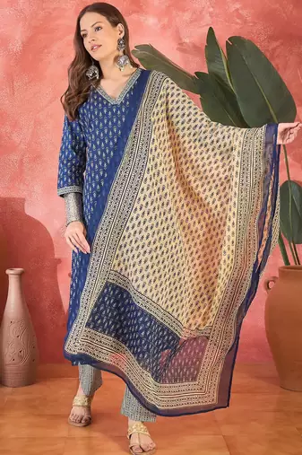 Women's dark blue & beige paisley printed kurta with trousers & dupatta