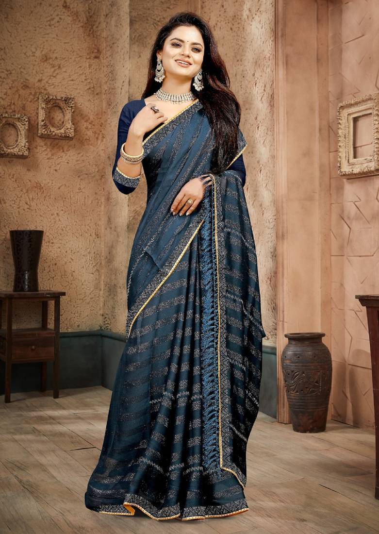 Blue color siroski stone work rimzhim patta saree with  blouse