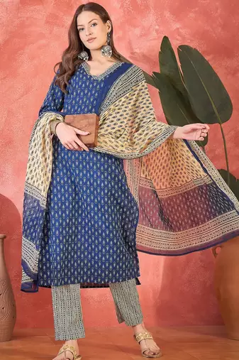 Women's dark blue & beige paisley printed kurta with trousers & dupatta