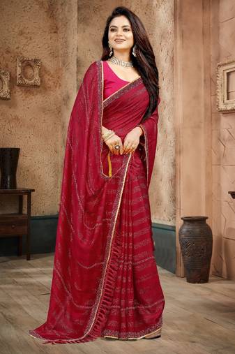 Pink color siroski stone work rimzhim patta saree with  blouse