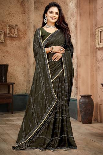 Mehandi color siroski stone work rimzhim patta saree with  blouse