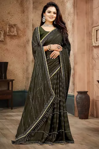 Mehandi color siroski stone work rimzhim patta saree with  blouse