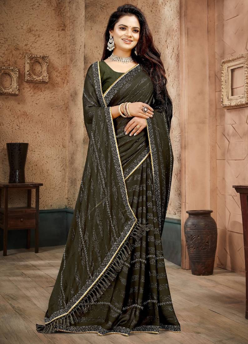 Mehandi color siroski stone work rimzhim patta saree with  blouse