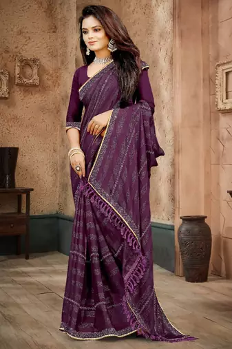 Purple color siroski stone work rimzhim patta saree with  blouse