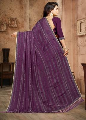 Purple color siroski stone work rimzhim patta saree with  blouse 2