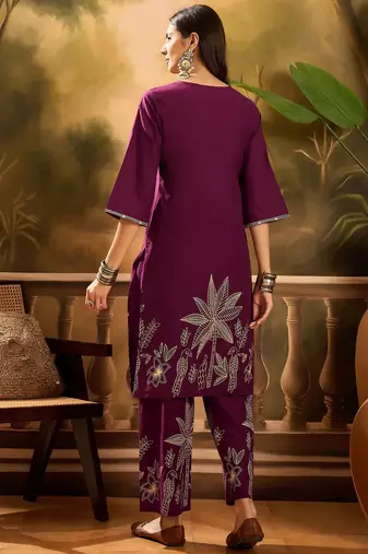Women's wine & cream floral printed kurta with palazzo