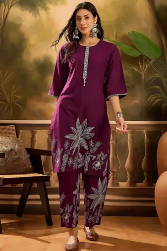Women's wine & cream floral printed kurta with palazzo