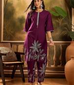 Women's wine & cream floral printed kurta with palazzo