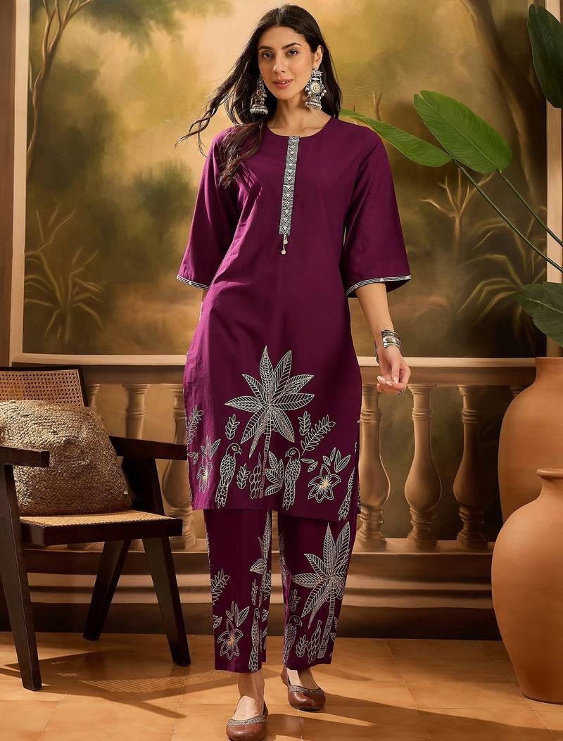 Women's wine & cream floral printed kurta with palazzo