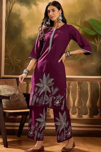 Women's wine & cream floral printed kurta with palazzo