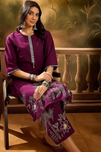 Women's wine & cream floral printed kurta with palazzo
