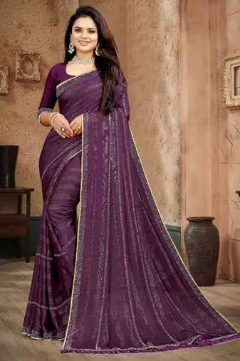 Purple color siroski stone work rimzhim patta saree with  blouse