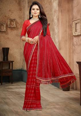 Red color siroski stone work rimzhim patta saree with  blouse 1