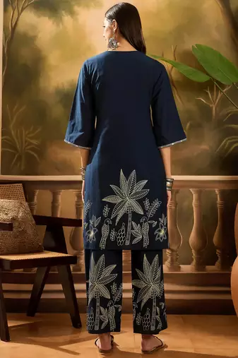 Women's navy blue & cream floral printed kurta with palazzo
