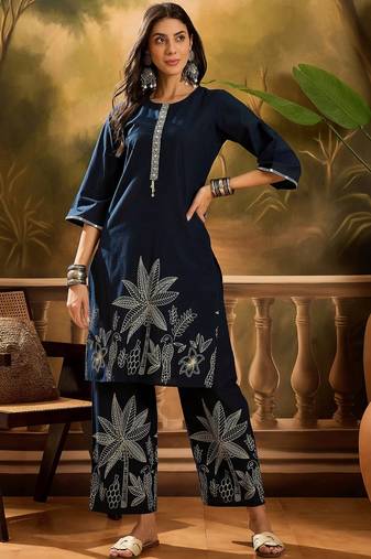 Women's navy blue & cream floral printed kurta with palazzo