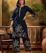 Women's navy blue & cream floral printed kurta with palazzo