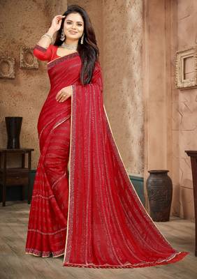 Red color siroski stone work rimzhim patta saree with  blouse 3